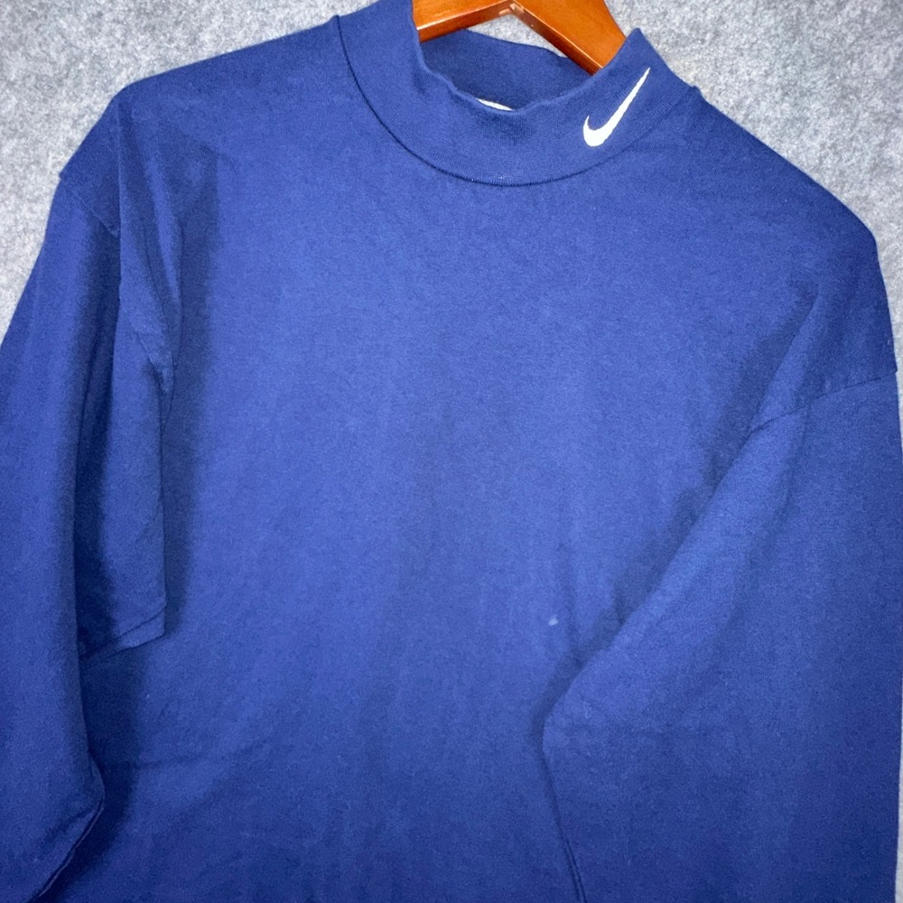 Nike Long Sleeve Shirt Men L Blue Mock Neck Swoosh Logo Cotton Athletic VTG Y2K